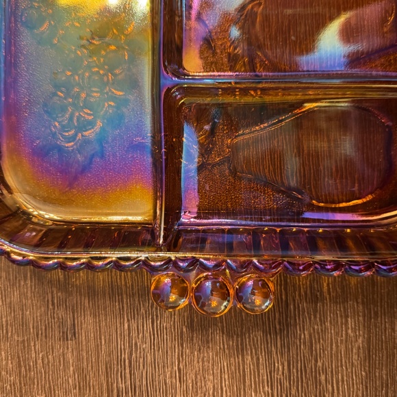 🍇 Vintage Marigold Carnival Glass Footed Fruit Bowl & Divided Relish Tray Set - Picture 14 of 14